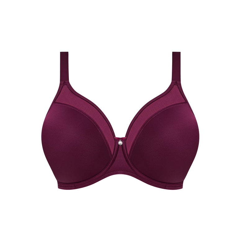 A dark plum purple wireless bra with a small silver rhinestone at the center, displayed against a solid white background.